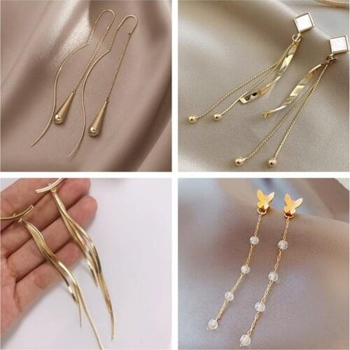 Vintage Gold Color Bar Long Thread Tassel Drop Earrings for Women Glossy Arc Geometric Korean Fashion Jewelry Hanging Pendientes