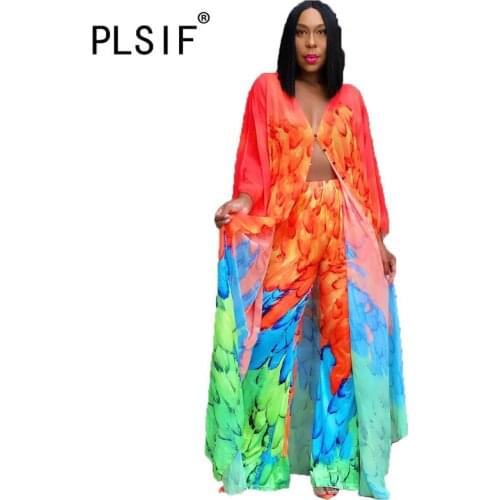 Womens Multicolor Trousers Set Fall Polyester Single-breasted Split Fir Elastic Waist Wide-leg Pants Personality Street Wind Tr