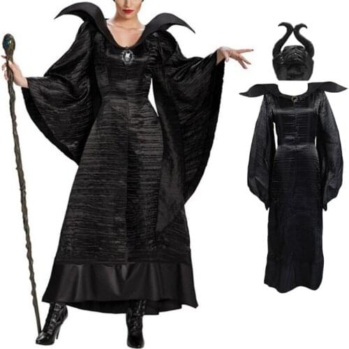 Women Halloween Movie Deluxe Black Long Gown Evil Queen Witch Dress Cosplay Party Costume with Horn Hat Headpiece
