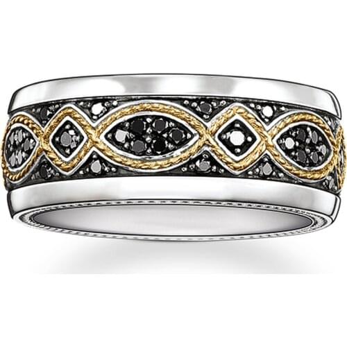 Gold-color Cord Black CZ Band Love Knot Rings, Fashion Thomas Style Glam Ring 925 Sterling Silver Ts Jewelry Gift for Women Men