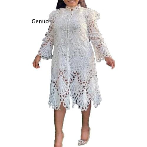 Chic Women White Cut Out Dress Cover Flying Sleeves Wavy Hollow Out Elegant Ladies Sexy Cute Spring Summer New Ruffle Dress 3Xl