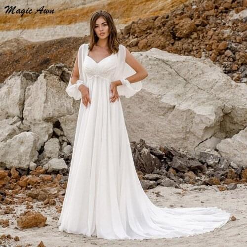 Magic Awn Chiffon Boho Wedding Dresses 2021 Long Sleeves Lace Appliques Beach Simple Bridal Gowns Lace-Up Back Robes De Mariage