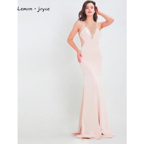 Lemon joyce Champagne Mermaid Evening Dress 2020 New Arrivals Sexy Backless Halter Beaded Party Dress Long Dress Gowns Plus Size