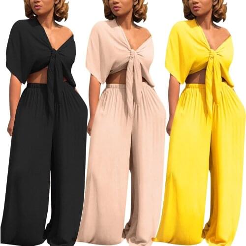 2021 Women Clothing Sets Bandage Deep V-Neck Short Sleeve Tops Broad Leg Pants Two Piece Sets Oversized Sexy Ensembles Femme