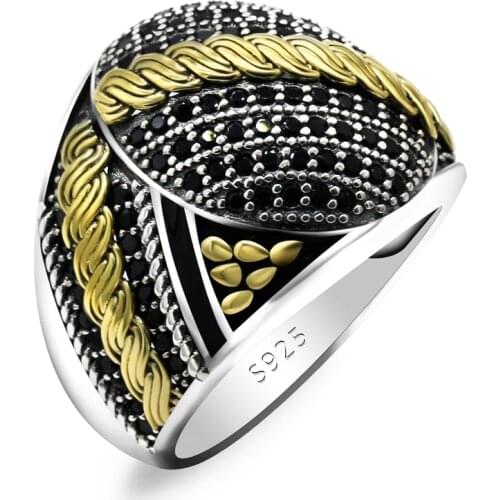 925 Sterling Silver Men Ring Pave Setting Black Cubic Zircon Stone Vintage Male Ring Turkish Exquisite Luxury Jewelry Gift
