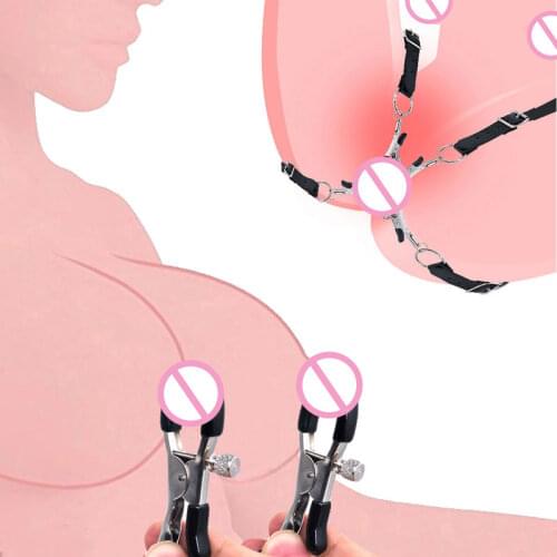 BDSM Bondage Open Leg Strap Thigh Spread Labia Spreader With Vagina Clamp,Humiliation Play Nipple Clamp Labia Clip Women Sex Toy
