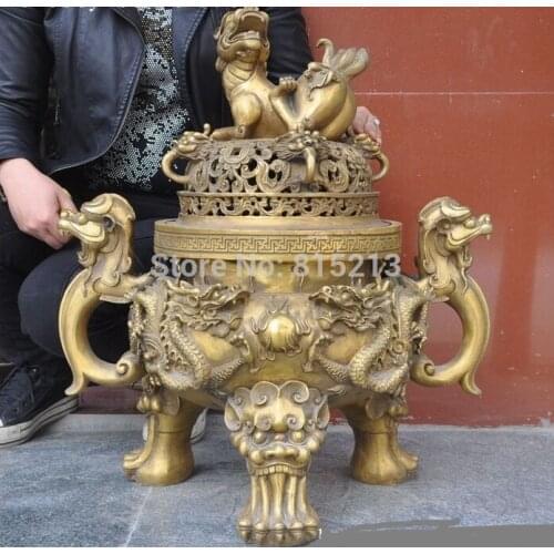 Bi001306 25"China Brass Evil Dragon Foo Dog Lion Beast lucky statue Incense Burner Censer