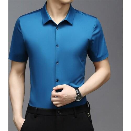 Claret Smooth Satin Work Shirts Mens Blue Dress Shirts Big Size Silk Social Classic Shirts High Quality Husband Office Wear New