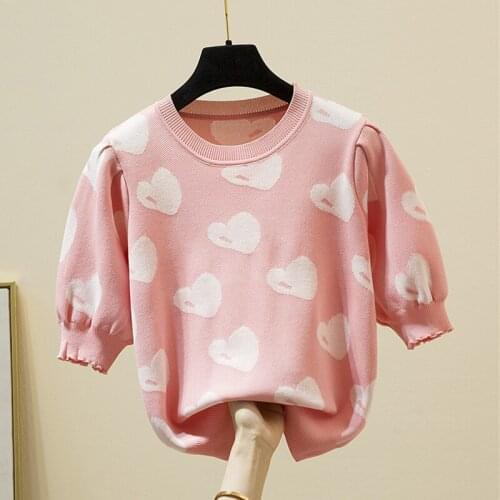 Lovely Knitted Tshirs Woman Korean Style Short Sleeve O Neck T-shirt Women Slim Summer Thin Pink Black Cute Tee Shirt Femme Tops