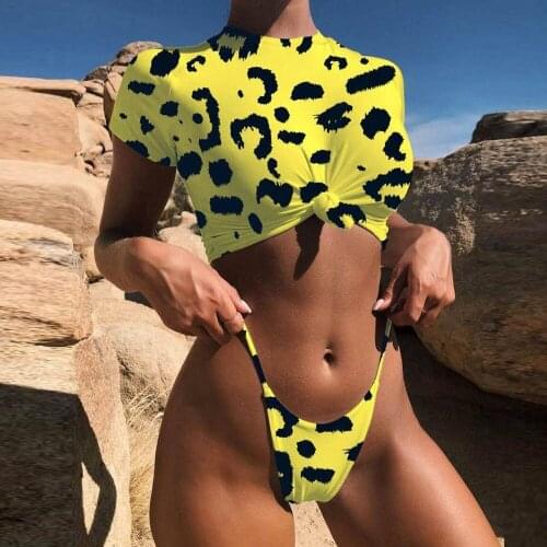#H40 Yellow Leopard Sexy Bikini Set Women Swimwear Push Up Padded Short Sleeve Sport Bikini Set Swimsuit Beachwear Bathing Suits