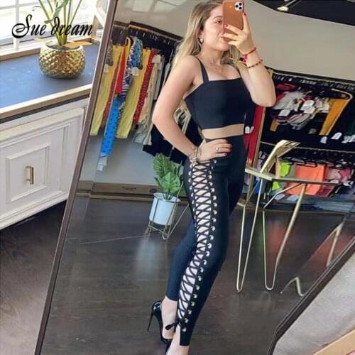 High Quality Bandage Two Piece Pants Set Of Womens Sexy Sleeveless Crop Top and Hollow Pants Set Party Club Wear
