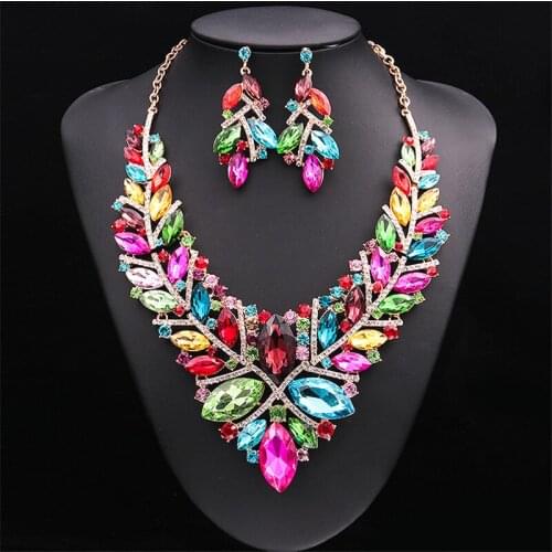 Luxury Crystal Rhinestone Gold Silver Color Necklace Earrings Set for Women Wedding Luxury Bridal Jewelry Sets Gift Accessories