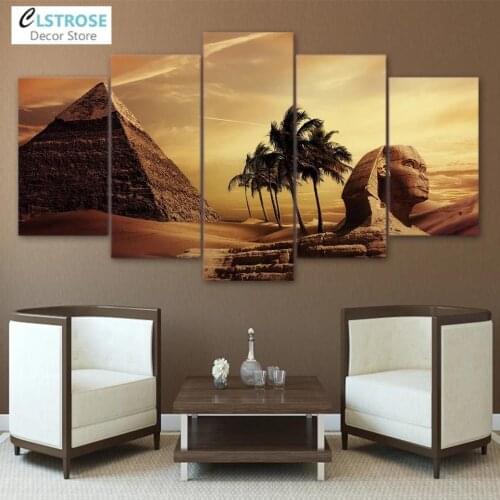 CLSTROSE Five-Piece Modular Picture Room Decoration Canvas Painting Egypt Landscape Pyramid Sunset Wall Art Poster Frameless