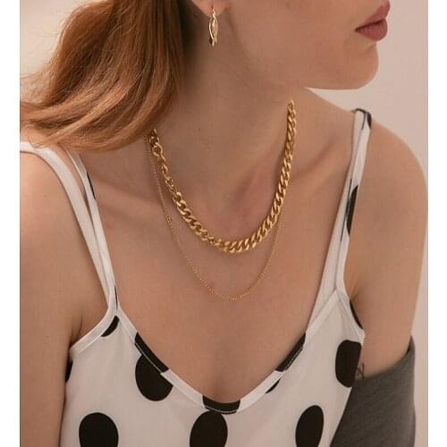 18K Gold Layered Curb Cuban Link Chain Necklace Set for Women Basic Stainless Steel Punk Fashion Tone Charm DIY Jewelry Gifts