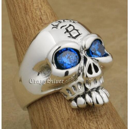 Huge 925 Sterling Silver CZ Eyes Skull Mens Biker Rocker Punk Ring 9WX22 US Size 8~15