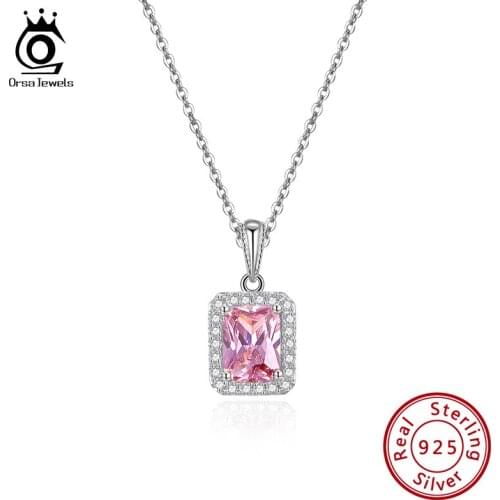 ORSA JEWELS Real Sterling 925 Silver Necklaces Emerald Cutting AAAA Zircon Elegant Pendant For Women Christmas Gift SN277