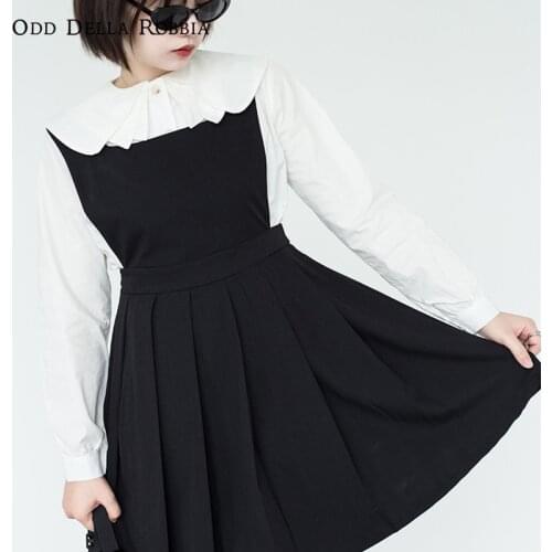 OddDellaRobbia Autumn New Fashion Vintage Style Black Skirt Shirt 2-Piece Set College Style Back Strap Sling Pleated Dress B237