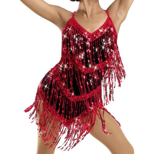 Latin Dance Dress Flowing with Rows of Sequins Fringes