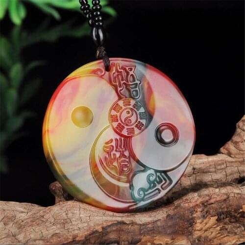 Dropship Natural Gobi Chicken Blood Stone Hand Carved Safety Eight Diagrams Pendant Trendy Seven Colors Stone Pendant Necklaces