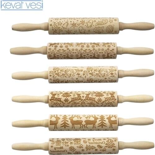 Christmas Embossing Rolling Pins Biscuit Fondant Cake Dough Engraved Roller Snowflake Elk Wooden Roller Baking Pastry Tool