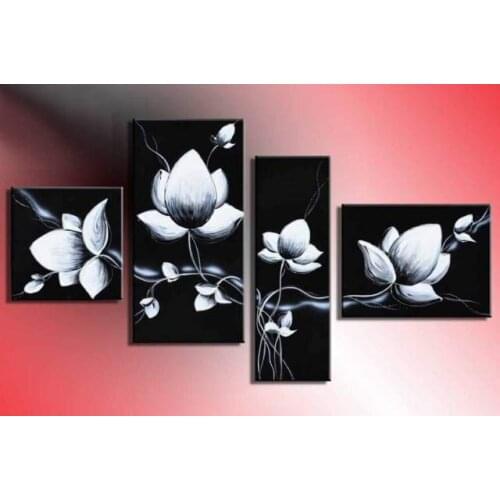 Hand-painted modern wall art fly In black white flowers home decoration Landscape oil painting on canvas 4pcs/set framed