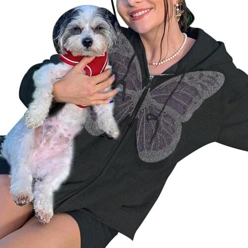 Rhinestone Butterfly Zip Hooded Sweatshirt Winter Jacket Top Oversized Hoodie Pocket Woman Clothes Casual Long Sleeve Pullover
