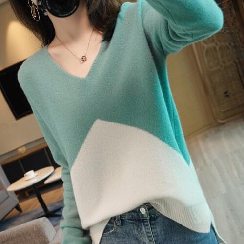 Spring and Autumn Womens V-neck Sweater Large Size Wool Thermal Pullover Long Sleeve Cashmere Loose Pullover Ladies Top