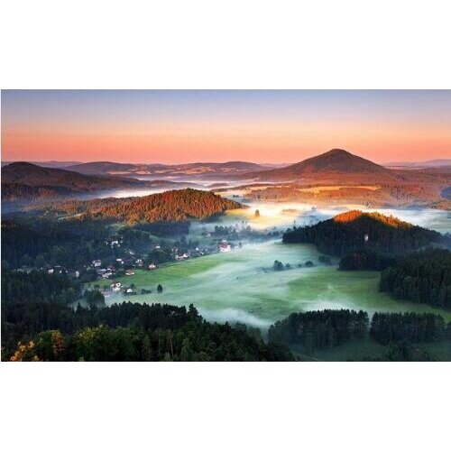 Wall decoration fabric poster print painting Summer morning mist forests hills villages fields Czech Republic nature landscapes
