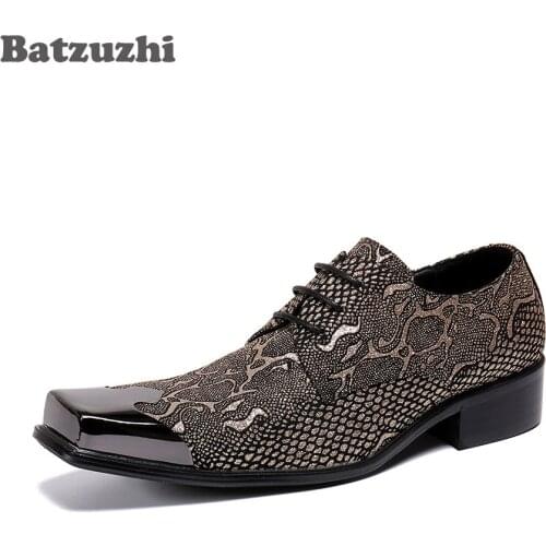 Batzuzhi Personality Mens Genuine Leather Dress Shoes Luxury Handmade Mens Shoes Iron Toe Lace-up Business and Party Wedding