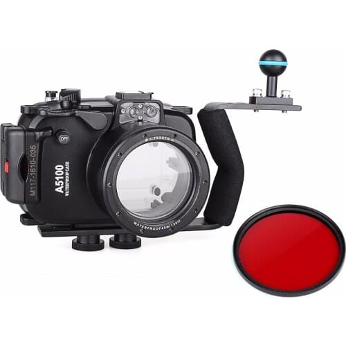 40m 130ft Waterproof Underwater Camera Housing Case Bag for Sony A5100 ( 16-50mm Lens ) + Aluminium Diving handle + Red Filter