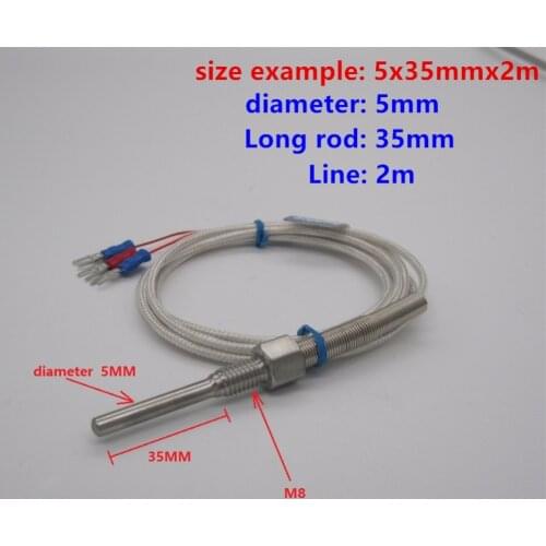 High-quality PT100 probe 2m RTD Cable Stainless Probe 100mm 3 Wires Temperature Sensor -50 C to + 400 C Thermocouple 5x35x2m