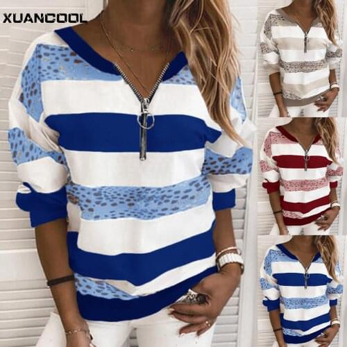 XUANCOOL 2021 Autumn Sweatshirts Women Loose Zip-up Pullovers Stripes Print Casual Daily Wear Top Clothes Moletom Feminino