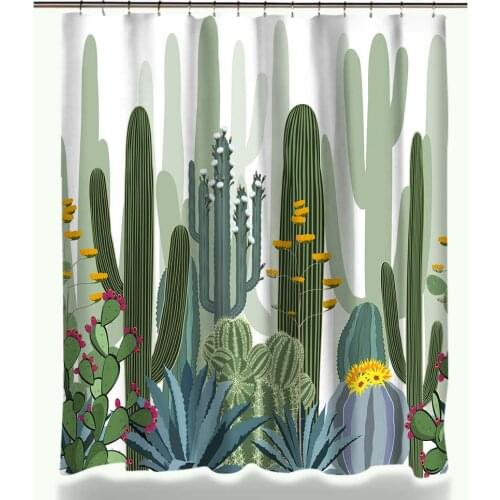 Green Potted Plants Cactus Succulents Print Shower Curtain Tropical Plant Pattern Polyester Waterproof Bathroom Hanging Curtain
