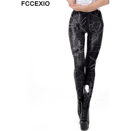 FCCEXIO Halloween Women Leggings Soft Elastic Workout Push Up Pants Spider Web Print Fitness Leggings 3D Trousers Punk Pants
