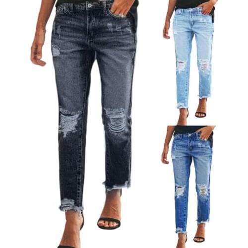 Women Fashion Casual Jeans Ripped Tassels Pockets Summer Solid Color Distressed Trousers for Streetwear