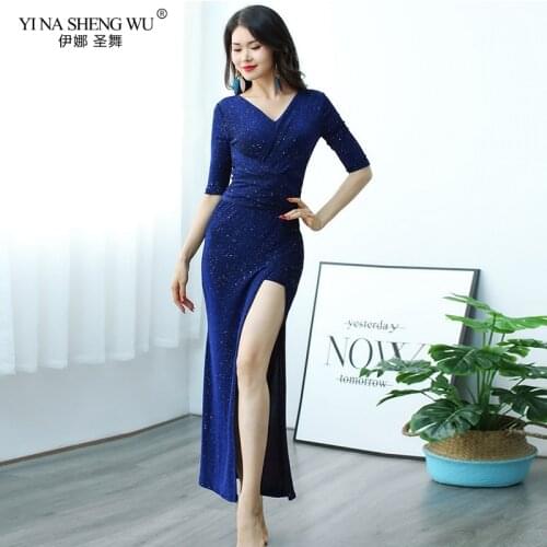 New Women Belly Dance Practice Costume Sequin Silver Long Split Dress Sexy V-neck One-piece Belt Dresses Women Dress Bellydance