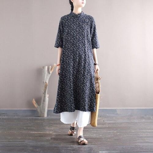 Summer Elegant Cheongsam A Line Dress Stand Neck Floral Print Midi Dress Half Sleeve Button Autumn Party Dress Vestido De Mulher