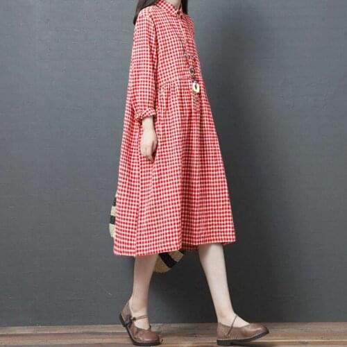 Plaid Blouse Dress 2021 New Arrival Long Sleeve Women Casual Spring Autumn Dress Cotton Linen Vintage Office Lady Work Dress