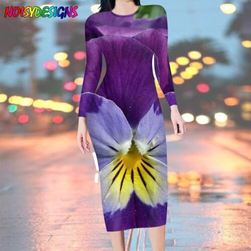 NOISYDESIGNS Purple Pansy Flowers Women Dress Female Hot Sale Fashion Long Sleeve Womans Dress Bodycon Autumn Pencil Clothing