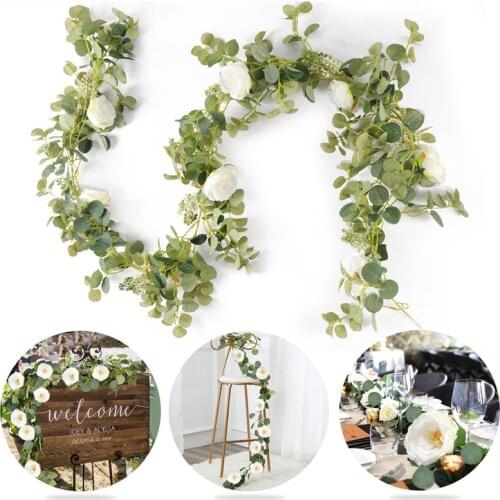 1.8M Artificial Eucalyptus with Camellia Garland Hanging Rattan Vertical Garden Home Table Party Wedding Backdrop Decor Vine