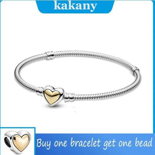 100% 925 Sterling Silver Golden Dome Peach Heart Chain Buckle Snake Bone Chain Bracelet, Ladies Fashion Diy Jewelry Gift