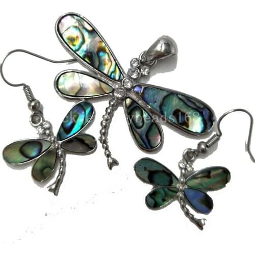 Free Shipping Fashion Jewelry Beautiful New Zealand Ablone Shell Dragonfly Pendant Earrings Set C5823