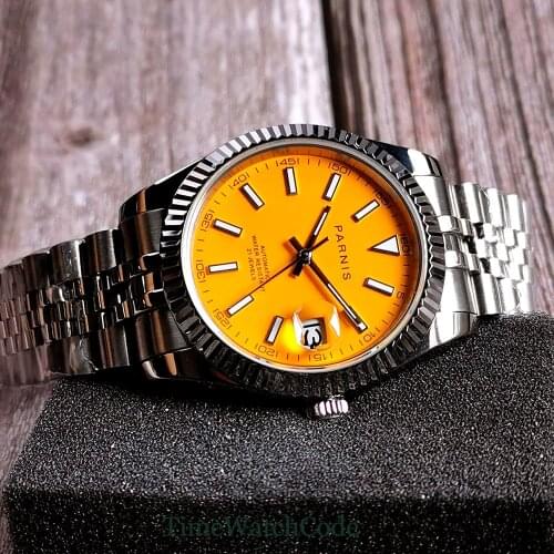 Parnis 39.5mm Mens Watch MIYOTA8215 Automatic Movement Date Orange Dial Sapphire Glass Jubilee Bracelet Coin Bezel Luminous