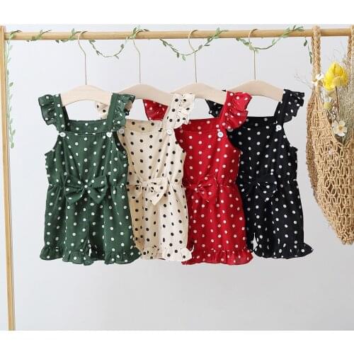 2021 Baby Summer Clothing Infant Baby Romper, Kids Polka Dots Square Neck Sleeveless Playsuits for Girls Green/Apricot/Black/Red