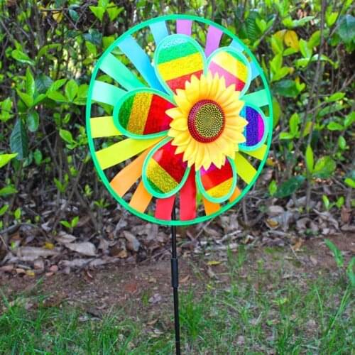 Double Layer Sequin Sunflower Windmill Wind Spinner Colorful Home Garden Decor K1KC