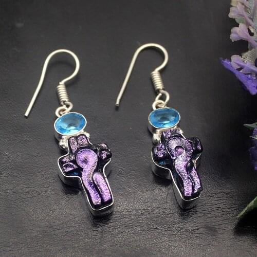 Hermosa Jewelry Holy Cross Dichroic Glass BlueTopaz Silver Color For Women Ladies Hook Drop Dangle Earrings 1 7/8 Inch DH30