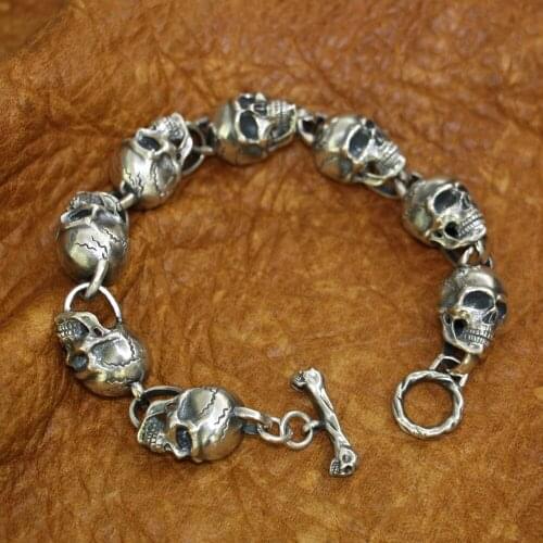 LINSION 925 Sterling Silver Details Huge Skulls Chain Mens Biker Punk Bracelet TA182