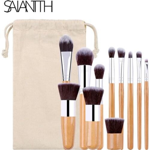 SAIANTTH 11pcs bamboo handle makeup brushes set Burlap bag professional cosmetic tool eye face beauty make up kit