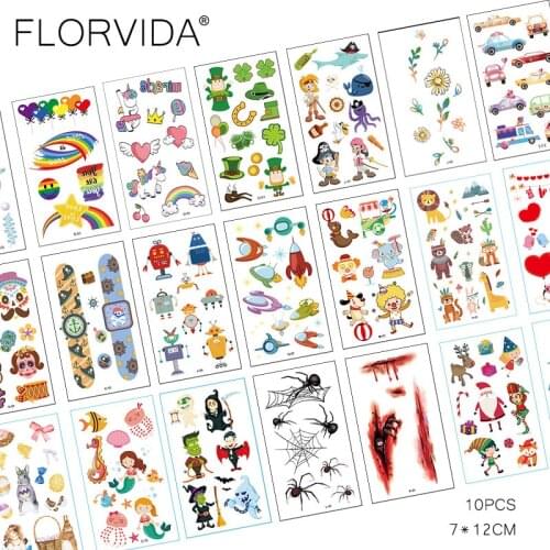 FlorVida 10pcs Kit 12*7cm Temporary Tattoo Stickers For Festival Kids Animal Ocean Space Flowers Spider Halloween Christmas Set