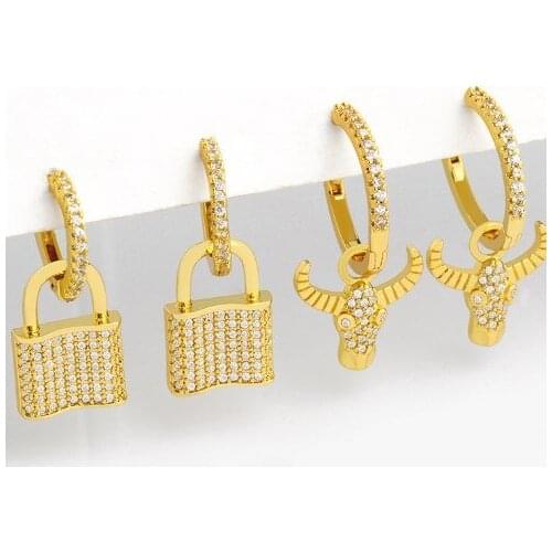 Ox lock multicolor Brass micro pave cz zircon cubic zirconia drop Hoop Earrings copper gold plated crystal studs